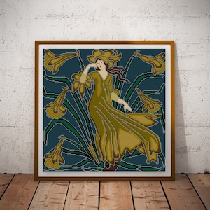 May include: A woman in a yellow dress stands in a field of yellow daffodils. The background is a dark blue.