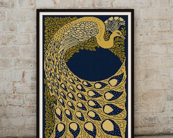 Gold Peacock cross stitch pattern PDF vintage book cover Art Nouveau