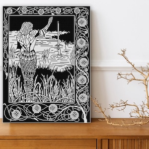 King Arthur Receives Excalibur cross stitch pattern, black and white monochrome chart, antique book illustration PDF, needlepoint design