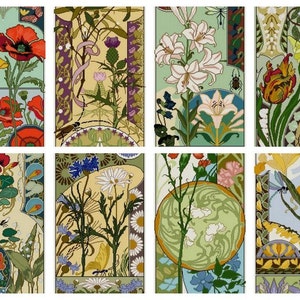 SALE Set A  8 Art Nouveau Floral Cross stitch Patterns  pdf / Carnation / Lily / Poppy / Thistle / Nasturtium / Tulip / Iris / Daisy