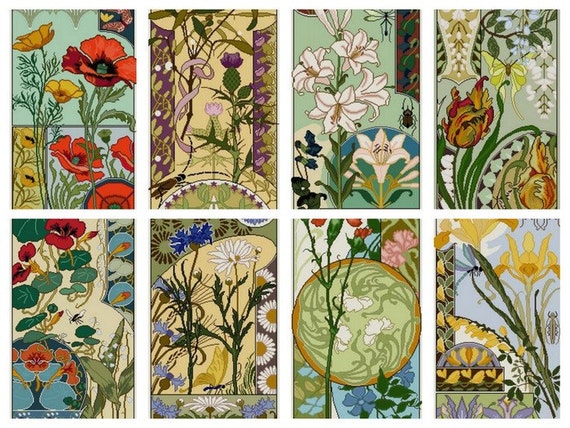 Set A 8 Jugendstil Floral Kreuzstich Muster Pdf Nelken Etsy