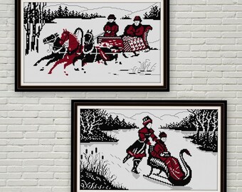 Antique Christmas Cross stitch pattern  PDF Black and Red set of 2 Sledding on a frozen lake A Sleigh Ride Old Fashioned