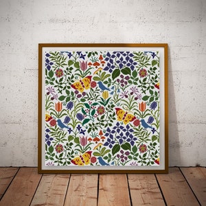 Voysey Floral Yellow Butterfly panel Patrón de punto de cruz PDF Artes y Oficios diseño histórico