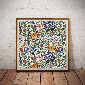 Voysey Floral Yellow Butterfly panel Cross stitch pattern PDF Arts and Crafts historical design