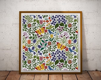 Voysey Floral Yellow Butterfly panel Cross stitch pattern PDF Arts and Crafts historical design