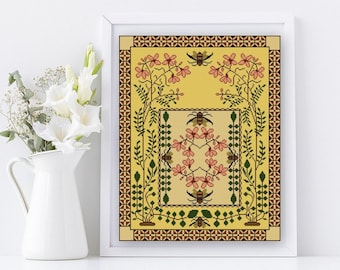 1902 Bumblebees and Pinks Cross stitch pattern PDF Calendar May Art nouveau