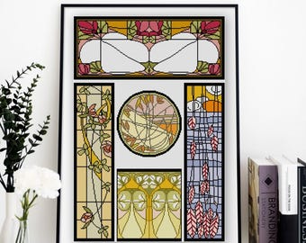 Stained Glass Cross stitch No. 8 Stylized flowers and feathers