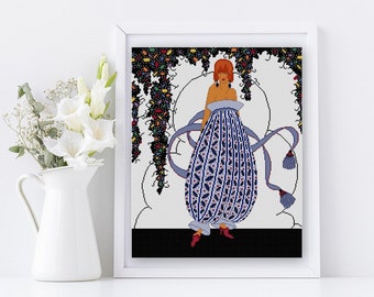 Summer Fashion illustration Cross stitch pattern / Martha Romme / french republican calendar Thermidor Summer Heat / art deco