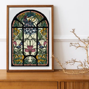 Stained Glass No. 4 Cross stitch pattern PDF Stained Glass with Butterflies and Peacock Art Nouveau