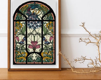 Stained Glass No. 4 Cross stitch pattern PDF Stained Glass with Butterflies and Peacock Art Nouveau