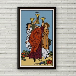 Three of Cups cross stitch pattern PDF rider waite minor arcana tarot cross stitch needlepoint