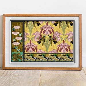 May include: A framed art print featuring a floral and bird design. The artwork has a yellow background with pink flowers and green leaves. The frame is made of wood. The print is displayed on a wooden floor.