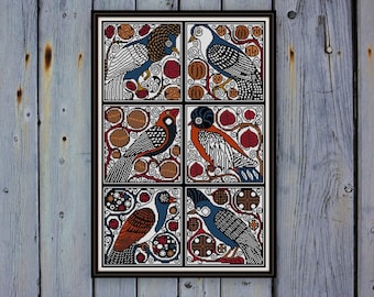 May include: A framed cross-stitch design featuring six colorful birds in a geometric pattern. The birds are surrounded by stylized leaves and flowers. The background is white.