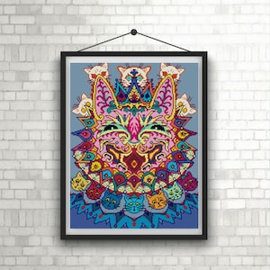 Louis Wain Crazy Circus Cat cross stitch pattern PDF Pink yellow bright colors vintage cat illustration 1920s