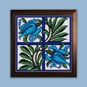 William Morris Tulip and Trellis tile design Cross Stitch pattern PDF blue and red options