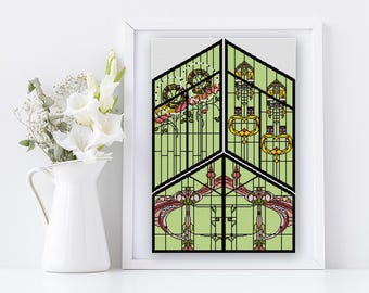 Bright Green Art Deco Stained Glass cross stitch pattern PDF No. 15 Floral and Geometric