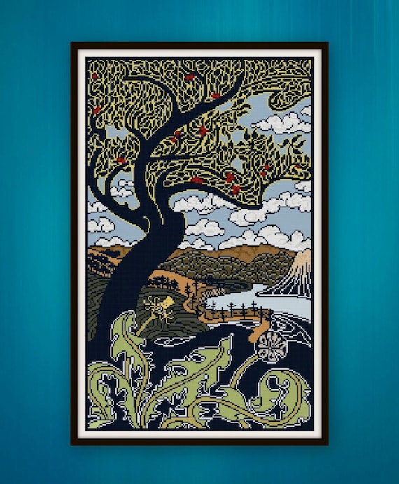 Apple Tree Cross Stitch Pattern PDF Art Nouveau Landscape