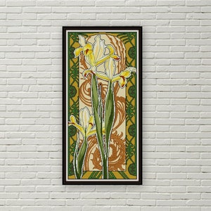 Art Nouveau Mary Golay No. 2 Yellow Iris cross stitch pattern PDF botanical ferns stylized flowers