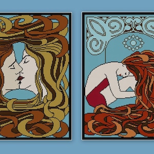 Art Nouveau Girl and Couple Cross stitch pattern PDFS set of 2 matching The Kiss /  Girl with long hair