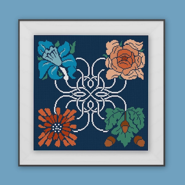 Four Flowers Art Nouveau Cross stitch pattern PDF orange and blue Beginner level Color Block