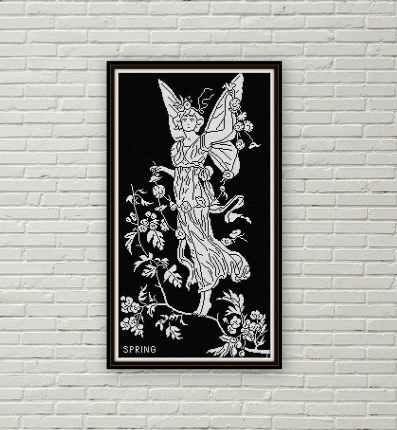 Spring Fairy cross stitch pattern PDF Constance Foxley 1890s Art Nouveau black and white Flower Fairy