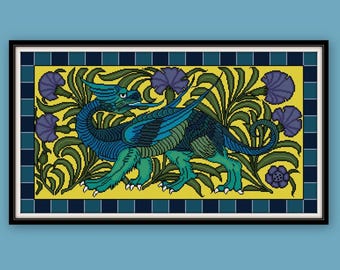 Patrón de punto de cruz de dragón PDF Panel de azulejos de dragón William de Morgan Art Nouveau Dragón azul