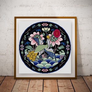 Asian cross stitch pattern PDF Chinese rank badge No. 2 Chinese floral cross stitch peacock pattern roundel medallion