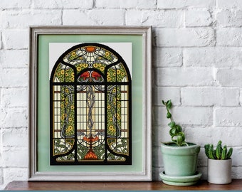 Stained Glass No. 3 Yellow Flowers Stained Glass Cross stitch pattern PDF Art Nouveau Arched panel