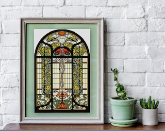 Stained Glass No. 3 Yellow Flowers Stained Glass Cross stitch pattern PDF Art Nouveau Arched panel
