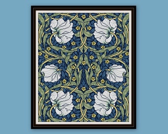 William Morris Pimpernel Blue cross stitch pattern PDF Arts and Crafts Movement