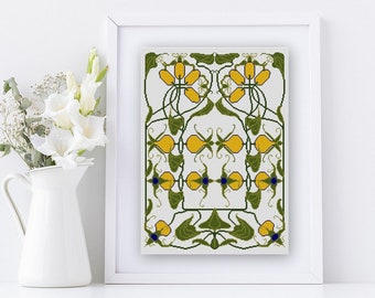 Art Nouveau Kumquat cross stitch pattern PDF vintage German calendar illustrations early 1900s green and yellow