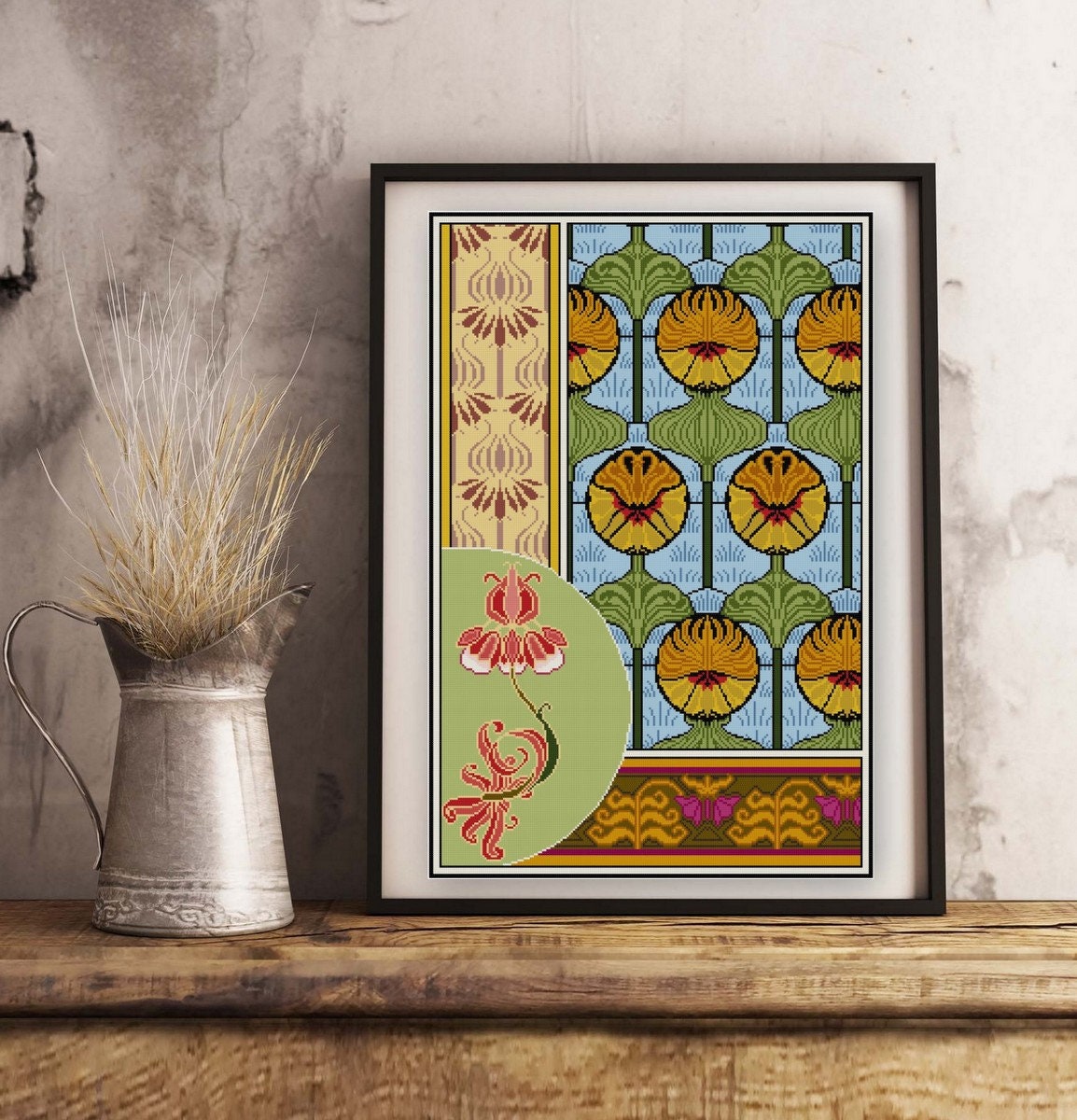 Art Nouveau Floral Panel Cross Stitch Pattern PDF Crown Imperial