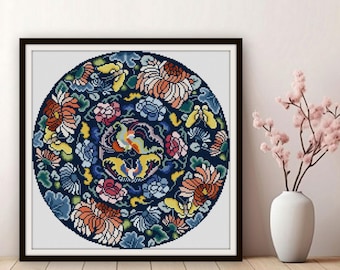 Chinese chrysanthemum Cross stitch pattern PDF Butterflies Antique round medallion