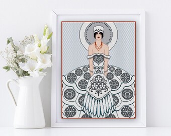 Winter Lady Cross stitch pattern PDF Art Nouveau Snowflake gown Fashion illustration