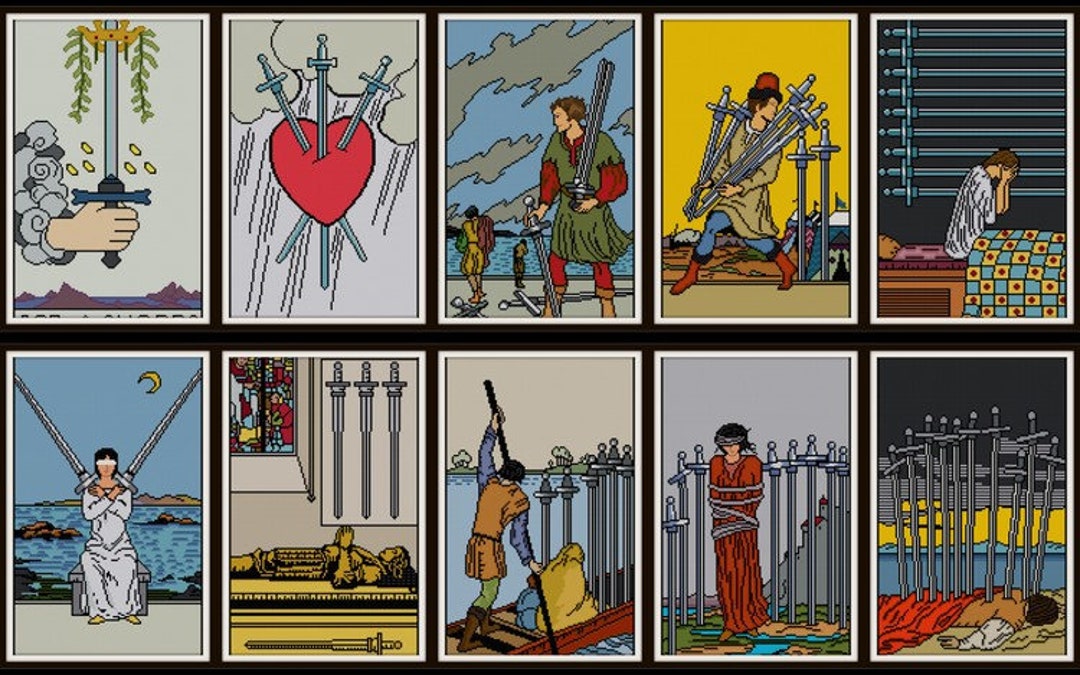 SALE Set of 14 Suit of Swords Tarot Cross Stitch Patterns PDF Court