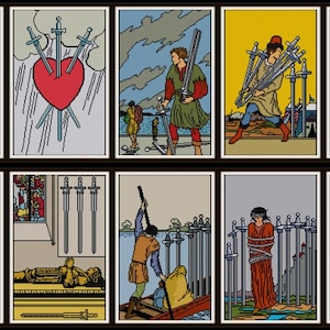 VENTA Set de 14 Patrones de punto de cruz del Tarot del Traje de Espadas PDF Cartas de corte y As numerado - Diez