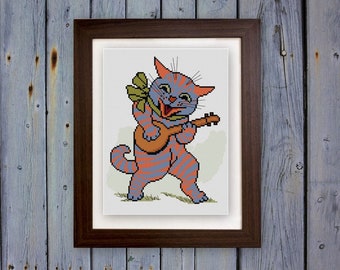 Stripy Cat cross stitch pattern PDF Louis Wain vintage illustration Cool Cat Playing Guitar orange and lavender