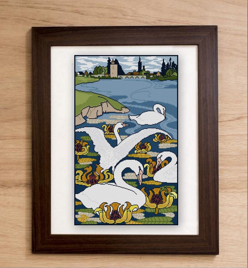 Art Nouveau Swans on Water Landscape Cross Stitch Pattern PDF Gisbert ...