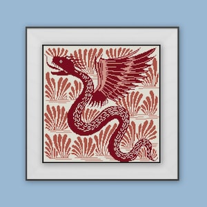 Winged Serpent Snake Cross stitch pattern PDF William de Morgan Arts and Crafts Movement antique tile pattern
