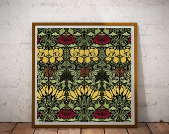 William Morris Tulip and Rose cross stitch pattern PDF Arts and Crafts historical pattern red and yellow floral cross stitch