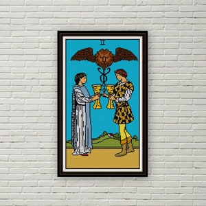 Dos de Copas patrón punto de cruz PDF jinete waite Tarot punto de cruz arcanos menores
