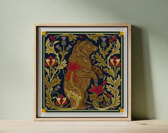 Wildlife Series Brown Bear cross stitch pattern PDF, square antique style, animal pattern, red and yellow flowers, purple thistle