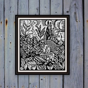 La Sauterelle The Grasshopper cross stitch pattern PDF black and white Raoul Dufy woodblock illustration 1911