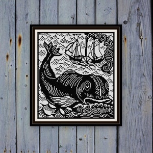 Le Dauphin The Dolphin cross stitch pattern PDF Raoul Dufy woodblock art black and white 1911 Bestiary