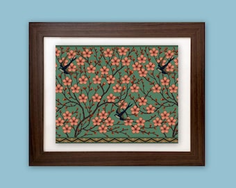 Walter Crane Almond Blossom and Swallows Floral Panel cross stitch pattern PDF Antique wallpaper design pattern