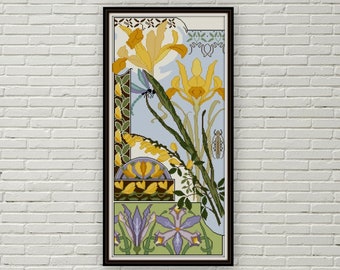 Patrón punto de cruz Iris y Laburnum PDF Patrón floral patrón libélula