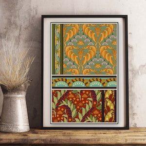 May include: A framed print with a colorful, geometric pattern. The design features a mix of green, orange, yellow, red, and blue hues. The pattern is made up of repeating floral motifs and abstract shapes.