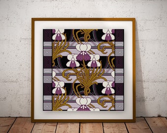 Purple Iris Floral cross stitch pattern PDF Antique Wallpaper adaptation Rene Beauclair design