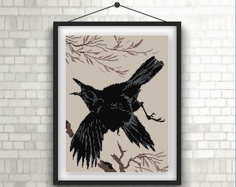 Crow on Willow Tree cross stitch pattern PDF asian painting adaptation black and tan