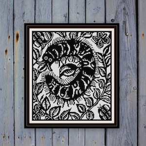 La Chenile The Caterpiller cross stitch pattern PDF black and white 1911 woodblock art Raoul Dufy Bestiary insect